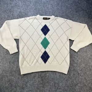 Vintage 90s Argyle Sweater Men Medium Cream Eddie Bauer